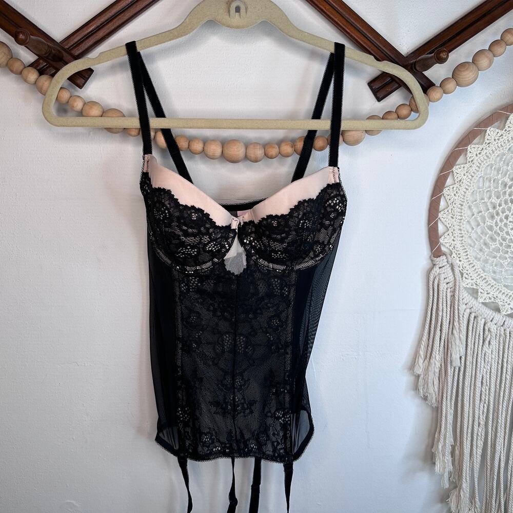 Victoria's Secret Black Lace Pink Bustier Bone Corset Top